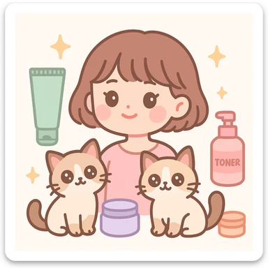 pink soft girl aesthetic illustration featuring a girl with short brown hair, cute makeup, skincare elements, sparkles, and two light brown ragdoll cats, cute and dreamy vibe sticker