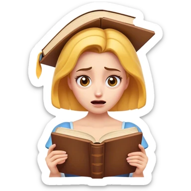 Cinematic Funny Belle Portrait Emoji, Looking exasperated as a book lands on her head, one eye twitching, caught in a hilariously relatable moment of book-lover clumsiness! sticker