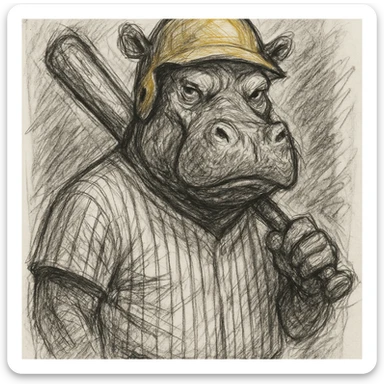 hippo holding a baseball bat, wearing a yellow helmet, pinstripes outfit sticker