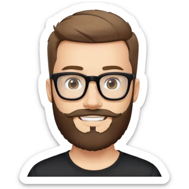 Fair-skinned man with full beard, short hair styled upward, large black-framed glasses, smiling, wearing black athletic fabric shirt sticker