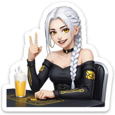she is laughing the hardest and pounding her fist on the table, a closeup portrait of young woman with gold yellow eyes, white hair, long braid, black off-shoulder top, punk gothic style, futuristic cyberwave cyberpunk, sitting position
 sticker