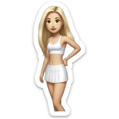 hyperrealist caucasian long straight hair blonde brown eyes white bikini top gray tight mini skirt black sneakers full body sticker