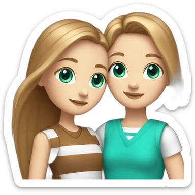 One white girl with long straight light brown hair and turquoise eyes hug girl with a brown square and white stripes near the ears sticker
