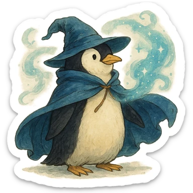ghibli style penguin wizard with a flowing cloak and magical aura sticker