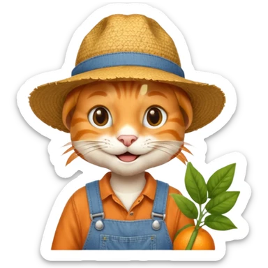 farmer cat gardener in denim overalls with a straw hat sticker