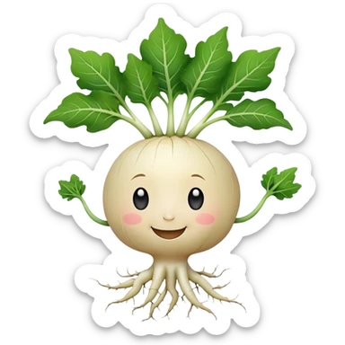 white turnip with cute smiling baby-like face and leafy stalk and cute spindly roots for hands sticker