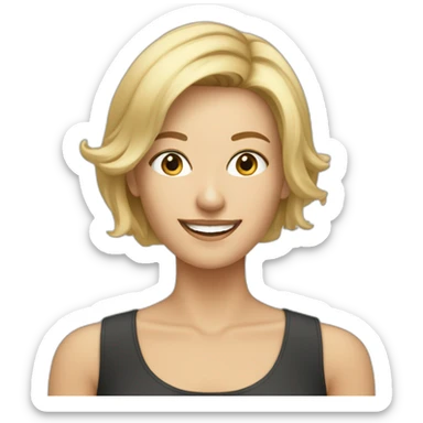35 year blonde smile woman with asymmetric shoulder length haircut, sticker