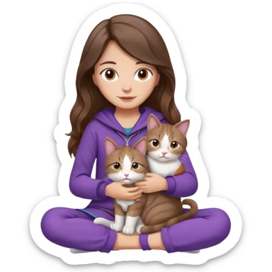 a warm calm girl with long wavy brown hair, soft brown eyes, cozy purple clothes, sitting cross-legged, holding a tricolor cat (brown, white, and grey), iOS emoji style, soft lighting sticker