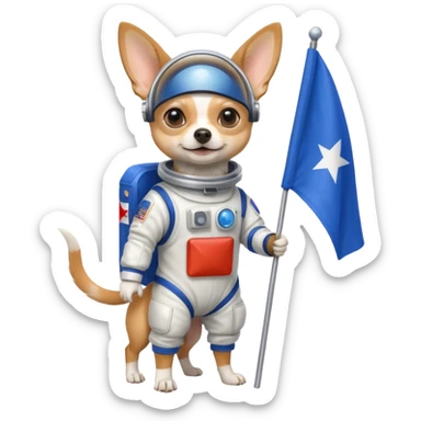 a chihuahua in space suit, holding blue rectangle flag, full body, front view sticker