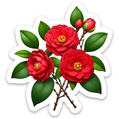 bouquet Red Camellia, luxuriant, stem, leaf, bud sticker