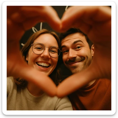 Selfie of two smiling people from a low angle, hands forming a heart shape in the foreground. One wears round glasses, the other has a small beard and a mischievous smile. Soft lighting, warm ambiance, dark background with white graphic decor. sticker