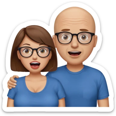 Woman kneeling with very large boobs, t-shirt, brown hair and mouth wide open. Bald man with glasses standing next to woman. sticker