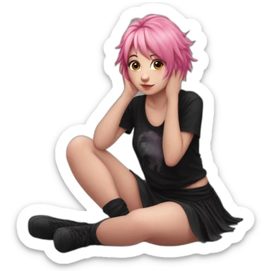 Front view curvy emo girl pink hair sits on the floor straight view hands up black skirt полосатые рваные чулки sticker