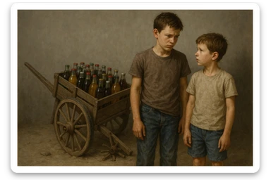 Bir g'ildiragi singan ichimliklar ortilgan arava uning yonida aka uka bir biriga havotirli nigoh bilan qarab turibdi realistik uslubda sticker