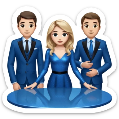 Sabrina carpenter in a blue sparkly dress at a table with 3 handsome men, and she is standing up reaching over  sticker