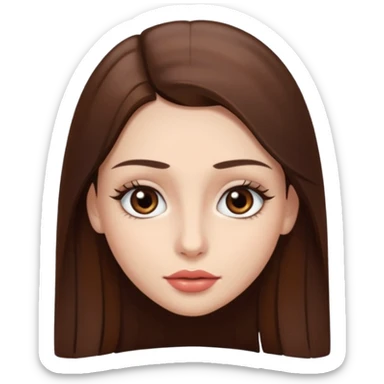 Una chica con piel muy clarita con pleo liso largo de color castaño y unos ojos marrones oscuro y labios grandes y nariz bonita y con unas pestañas sticker