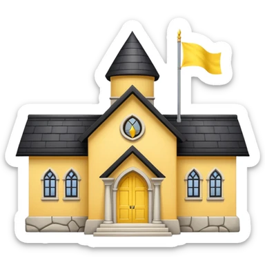 simple magic school, low detail, white background, magic school, black roof, with a big flag, big flag on a roof, big yellow flag, white school sticker