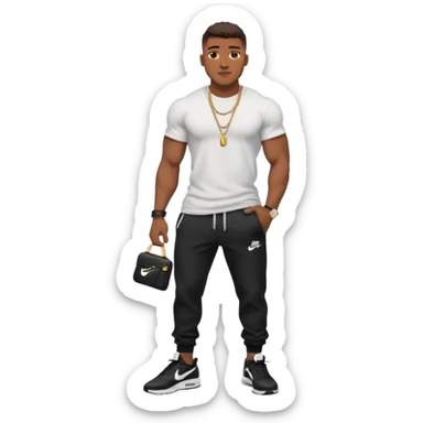 Handsome Black guy with brown skin tone, with muscular build, wearing black sweatpants, a white t-shirt, black Nike air max, a small chain, and a watch  sticker