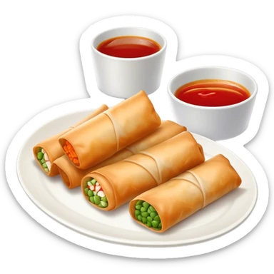 Spring Rolls Cinematic Realistic Spring Rolls Dish Emoji, depicted as 2 perfectly crisp spring rolls served with dipping sauce, rendered with lifelike textures and dynamic, appetizing lighting. sticker