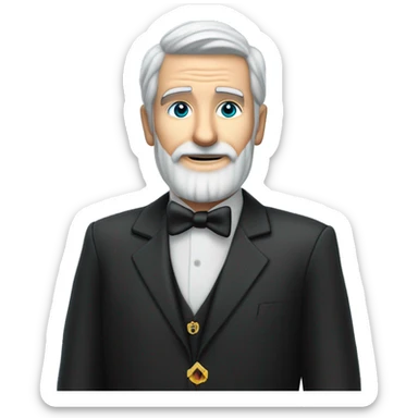 60 year old Caucasian male with grey hair and a grey gotee beard wearing a black dinner suit that has a badge on the left side of the jacket with a Freemason square and compass on it. Make the background a sky blue. sticker