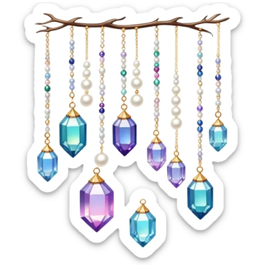 Few cute tiny Iridescent glistening glossy sparkly shiny glittery hanging crystals pearls and beads and gemstones scenery scenic decorations sticker