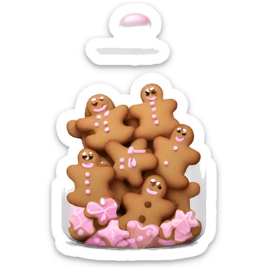 Realistic glass cookie jar with light pink lid full of gingerbread cookies isolated.  sticker