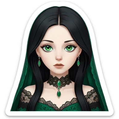 A close-up shot of a woman with pale skin, piercing green eyes, and long, straight raven-black hair. She’s dressed in a dark, elegant gown with intricate lace details, exuding an air of mystery, with shadows cast across her face sticker