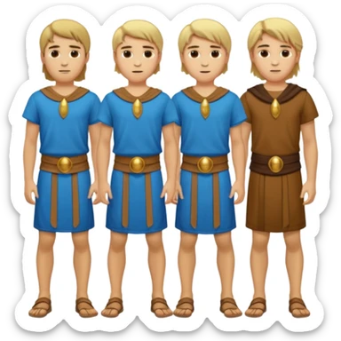 Cartagineses: un grupo de hombres jóvenes, pelo largo rubio y castaño, ropa buena, cara de niños de alrededor de unos 20/25 años.
cuerpo entero, de la época púnica sticker