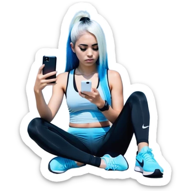Shameful disappointed crying-very very very very big chest-texting on a samsung cell phone-very long straight flowing black to sky blue hair ombre-blue eyes-black eyeliner-long eyelashes-plastic sparkling sky blue very low cut tank top with sparkling nike logo-black leggings-nike sneakers sticker