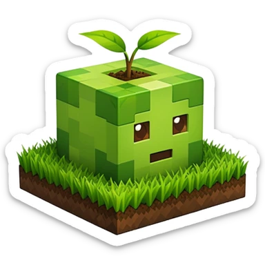 A 3D Apple-style emoji of a Minecraft grass block, cubic shape, with bright green grass on top and brown soil with pixel texture on the sides, simple and cute cartoon design. sticker