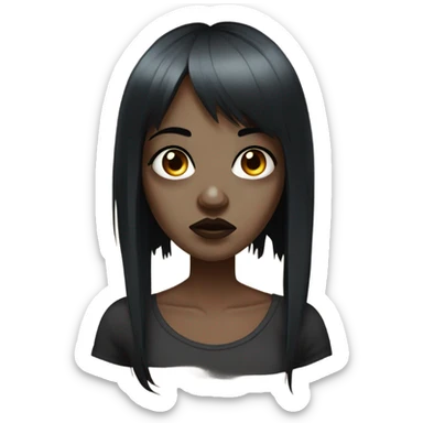 A zombie woman, black hair, bangs above the eyebrows, brown eyes, side labret piercing, double nostril piercing, and septum piercing. sticker