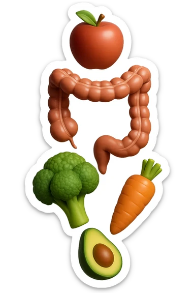 emoji stile iphone in 3d di cibo sano che fluttua in aria vericalmente insieme ùa pezzi di colon umano anatomico, iperrealistico 4k sticker