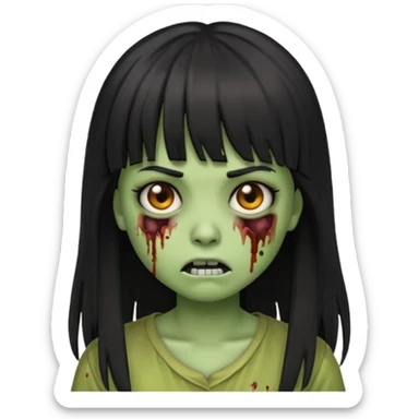 zombie girl emoji with black hair, bangs, long hair, and greenish skin sticker