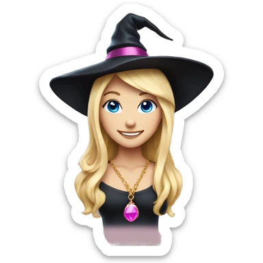 Blonde blue eyed witch smiling, wearing a gold necklace with pink pendant and a black and pink witch hat sticker