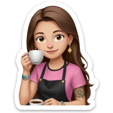 Fille cheveux long châtain, peau beige type européen yeux marron, teeshirt rose avec un tablier noir, piercing au nez anneau doré, boucle d’oreille diamant doré. Elle boit un café Tatouage à la gorge sticker