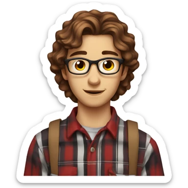 Nerdy 20 year old with brown wavy hair and red plaid shirt sticker
