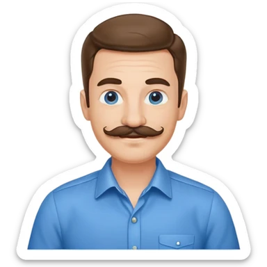 Business owner, well dressed, blue shirt, mustache, happy sticker