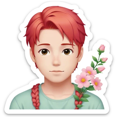 Gorgeous pastel red hair with a thin braid on the side anime style shojo guy with blushing face and flowers aesthetic trending style outside sticker