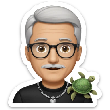 Tony Barceló is a large, strong, lively man in his 70s with short, neatly combed gray hair and a trimmed goatee. He has a broad round face, square glasses, and a confident presence. He wears a black outfit with a silver turtle necklace, reflecting his thoughtful, creative energy as a writer. sticker