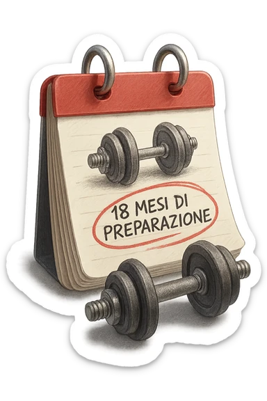 foglio di calendario con manubri da palestra disegnati e la scritta a penna "18 MESI DI PREPARAZIONE" CERCHIATA IN ROSSO, FALLO MOLTO REALISTICO IN 3D sticker