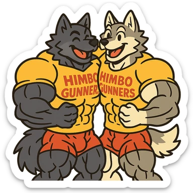 pair of ultra-muscular wolf furries wearing 'Himbo gunners' t-shirts, hugging, cheerful and energetic, very large, defined, and detailed muscles, ultra high quality sticker