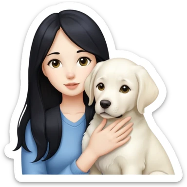 A beautiful girl with long black hair and fair skin is holding a white Labrador sticker
