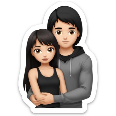 generate a pretty bratz girl in black cami top, dark brown straight long hair with bangs, eyeliner on, 

hugging a handsome muscular boy with black hair and a grey hoodie sticker