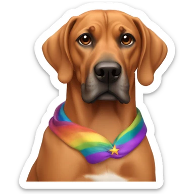 white man with long rainbow colored hair and twisted mustache next to a brown rhodesian ridgeback sticker