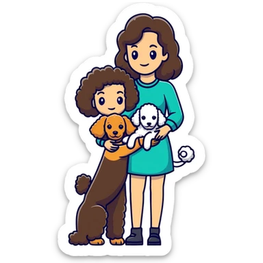 woman with long dark brown hair holding a poodle sticker