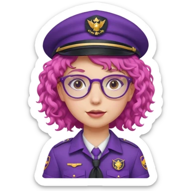 scout girl with pink curly hair and uniform and hat and glassess and purle uniform sticker