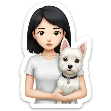 An Asain girl with black hair to her chest, wearing a white tight tshirt, she is  holding a west highland terrier with big ears  sticker