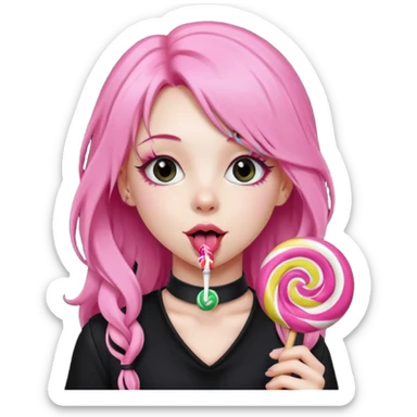 Cute girl with long pink hair wearing black, and a cute choker  licking a lolli sticker