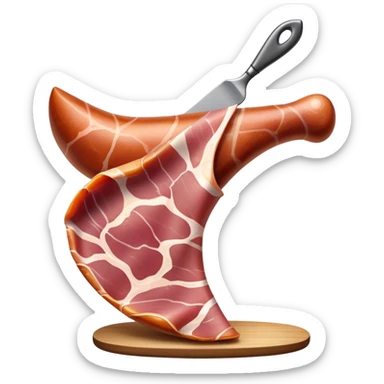 Jamón Serrano Cinematic Realistic Jamón Serrano Dish Emoji, depicted as a prominent leg of cured ham with visible marbling, rendered with rich textures and dynamic, appetizing lighting. sticker