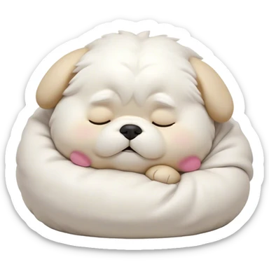 Cinematic Chubby Sleeping Maltese Portrait Emoji, Chubby and serene, with a round, adorable build and a soft, fluffy white coat, eyes gently closed in peaceful slumber, Simplified yet irresistibly endearing features, highly detailed, glowing with a gentle, dreamy glow, high shine, relaxed and content, stylized with a touch of whimsy, bright and heartwarming, soft glowing outline, capturing the essence of a blissfully sleepy companion, so comically serene it feels like it could roll out of the screen and snore with adorable charm! sticker